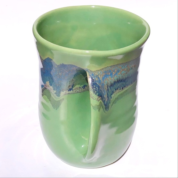 Left Handed Mug Neher Signed Pottery Green Blue Drip Glossy Glaze 2017 Tall Cup - Picture 7 of 15